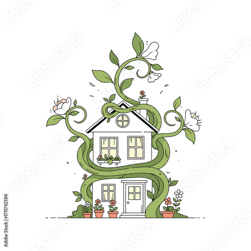 A charming house is overgrown with lush green vines and blooming flowers.
