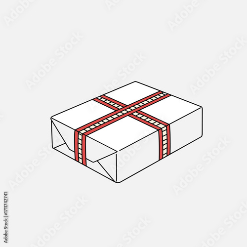 A white rectangular package neatly wrapped with red and white patterned ribbons.