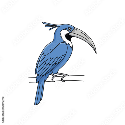 A vibrant blue bird with a long curved beak sits perched on a thin branch.