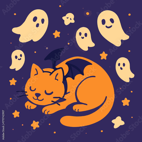 An adorable orange cat wearing spooky bat wings peacefully sleeps amidst friendly floating ghosts and twinkling stars on a dark Halloween night.