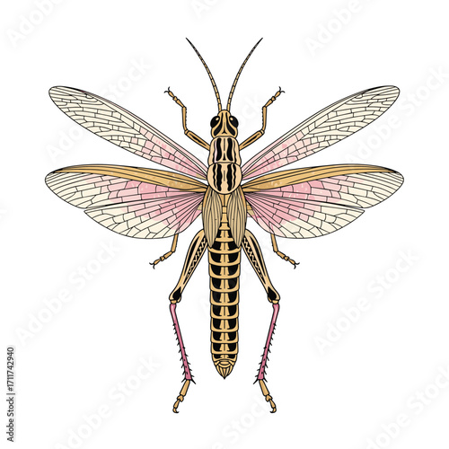 An illustration of a grasshopper with translucent wings and pink accents.