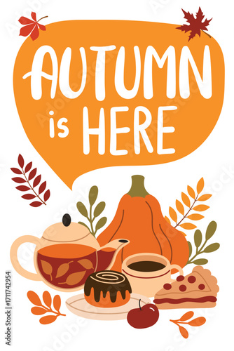 Autumn banner with lettering.Warm fall collection with tea, coffee, blanket and cat and soft armchair. Vector flat cartoon illustration