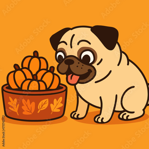 A cute pug dog happily gazes at a decorative bowl brimming with vibrant orange pumpkins, capturing the festive essence of autumn and Halloween.
