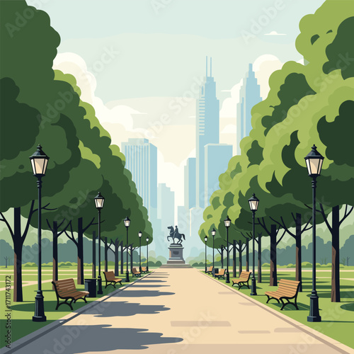 A tree lined path leads to a monument in a city park.