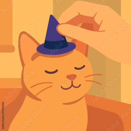 A cute ginger cat happily wears a tiny purple witch hat, playfully placed by a human hand, celebrating the festive spirit of Halloween.