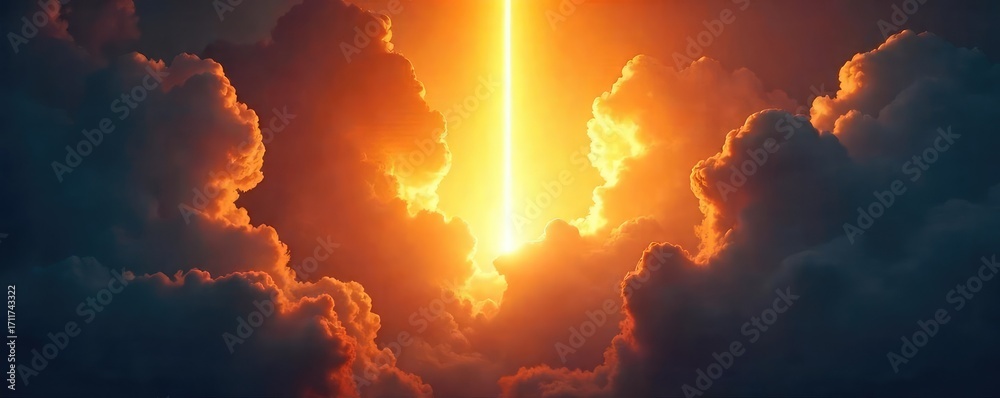Obraz premium A single, bright light beam cuts through dark clouds, symbolizing hope and divine intervention; a powerful image of spiritual awakening and redemption , redemption, sky