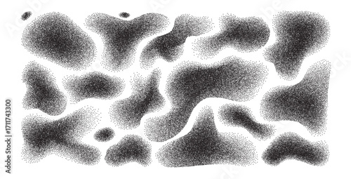 Dots black gradient doodle shapes set. Irregular spray monochrome paint figures. Random abstract grain fluids. Uneven shape splashes. Vector background design illustration.