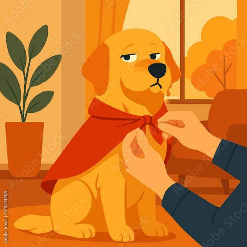 An adorable golden retriever, looking slightly unamused, is carefully fitted with a bright red superhero cape for an upcoming Halloween party.
