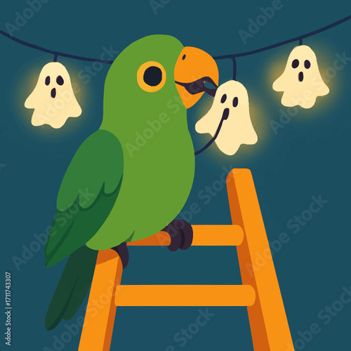 A charming green parrot perched on an orange ladder, playfully interacting with a string of glowing ghost Halloween decorations against a dark background.