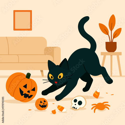 A playful black cat joyfully interacts with an assortment of festive Halloween decorations and scattered candy inside a cozy living room.