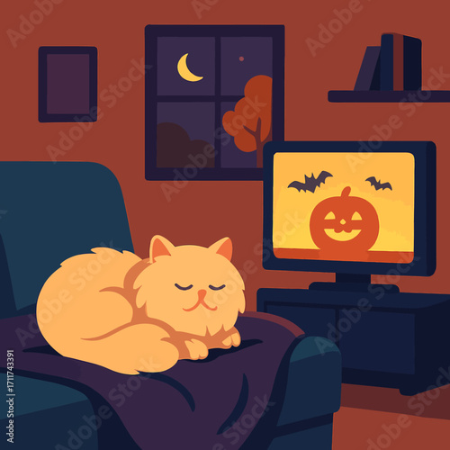 A fluffy orange cat peacefully slumbers on a cozy living room couch, enjoying a quiet Halloween night at home with a festive show on television.