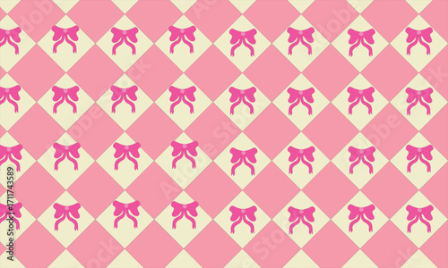 This pattern features a cute pink ribbon on a pink and cream gingham background, giving it a sweet and cheerful look. This design is suitable for fabrics or packaging.