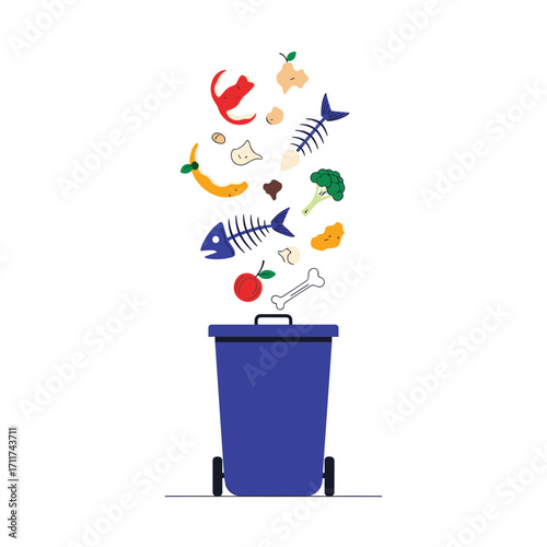 Food waste being thrown into a blue garbage bin on a white background.