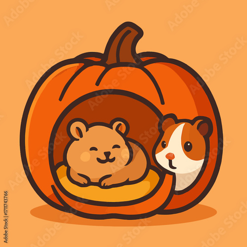 Adorable little hamsters find a cozy and festive home inside a carved orange pumpkin, celebrating the spirit of Halloween with warmth and charm.