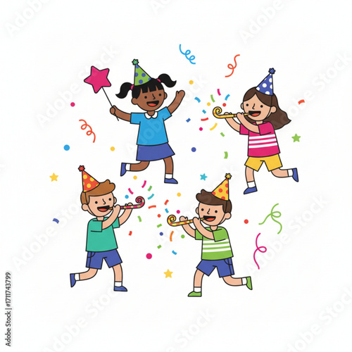 This image shows a group of children celebrating. They are wearing party hats and blowing noisemakers while