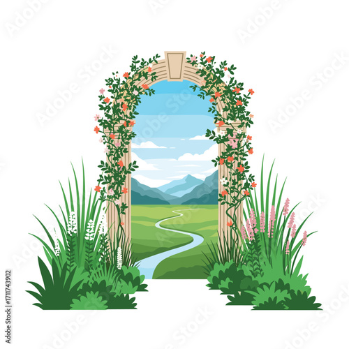 An arched garden doorway revealing a serene landscape.
