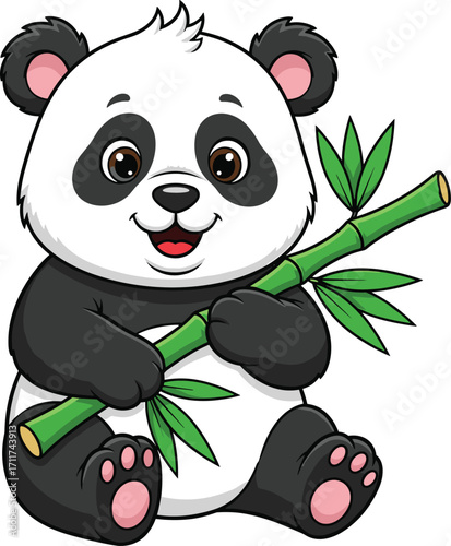 Cute cartoon panda bear holding bamboo, adorable baby panda illustration, happy panda character design, wildlife animal clipart, isolated on white background.