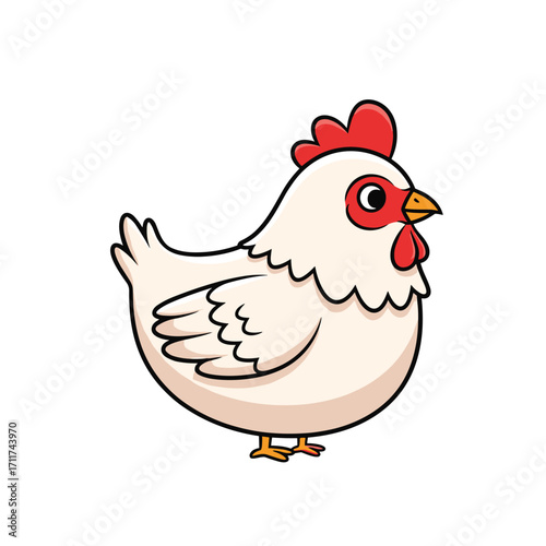 A cute cartoon white hen stands proudly on its yellow feet.