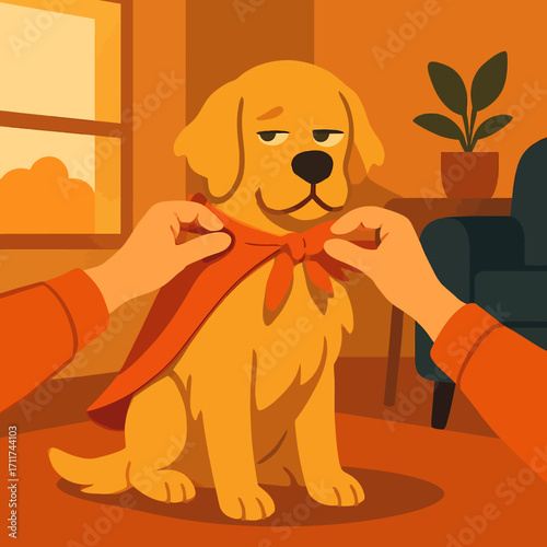 A golden retriever dog looks unimpressed as human hands carefully tie a vibrant red superhero cape around its neck, preparing for a fun costume event.