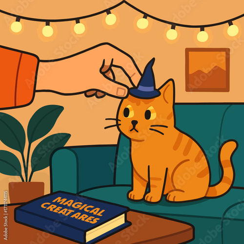 A whimsical illustration of an orange tabby cat wearing a tiny witch hat, placed by a hand, captures the cozy, festive spirit of Halloween.