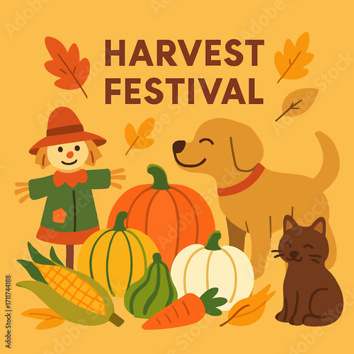A delightful autumn harvest festival illustration featuring a friendly scarecrow, pumpkins, corn, and happy pets amidst colorful fall foliage.