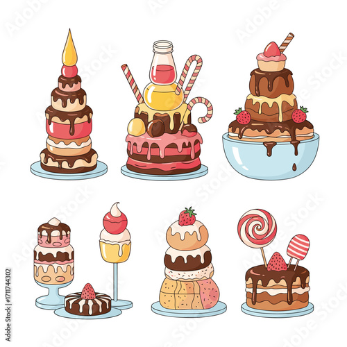 Delicious colorful desserts stacked high with frosting and toppings for celebrations.