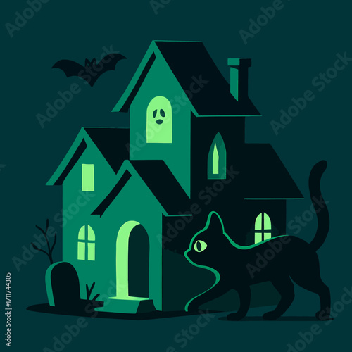 An eerie, glowing haunted house stands under a dark sky, with a mysterious black cat prowling past a tombstone, perfect for Halloween.