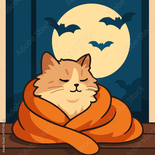 A fluffy feline rests warmly swaddled in a soft blanket, observing a bright full moon and nocturnal bats on a tranquil Halloween evening.