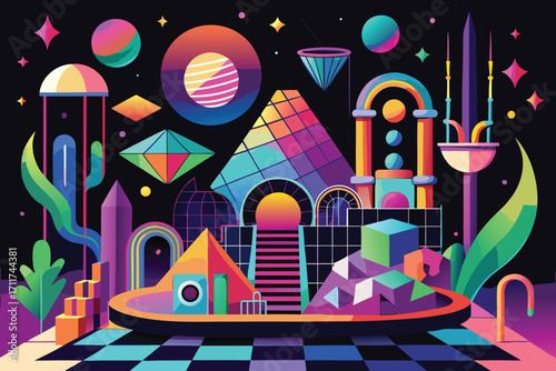Retro futuristic abstract landscape with geometric shapes