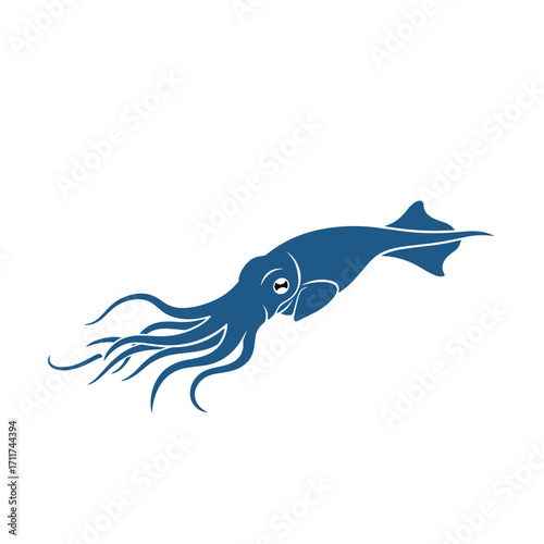 A realistic illustration of a blue squid swimming in the deep sea.