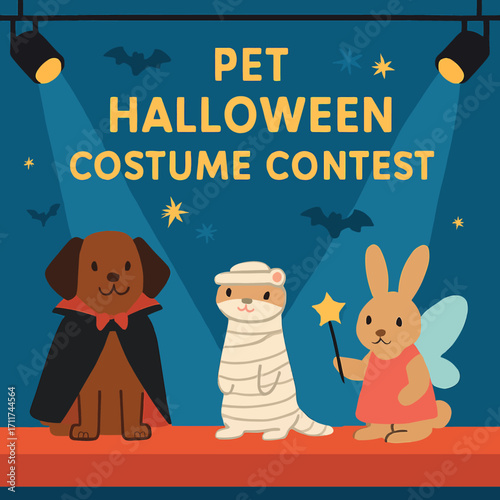 Adorable pets dressed in creative Halloween costumes participate in a fun and festive contest under bright stage lights, celebrating the spooky season.