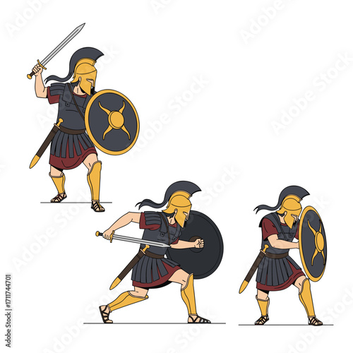 Ancient warriors in battle poses with shields and swords.