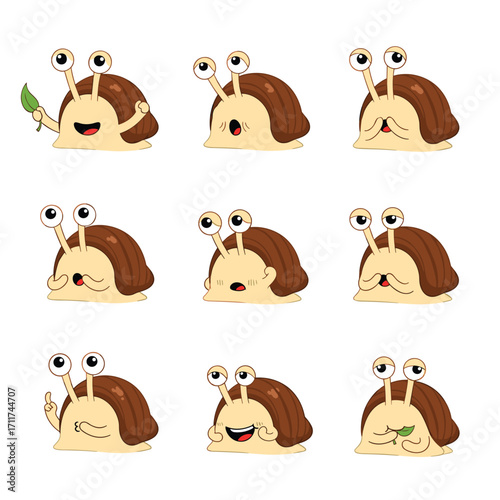 Cute cartoon snail character set expressing different emotions.
