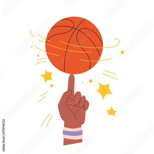 Basketball game. player hoop and spinning ball on finger, sport cartoon vector illustration