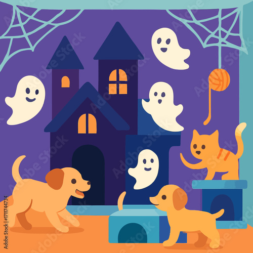 Playful Halloween illustration featuring a spooky haunted house, friendly ghosts, and adorable pets enjoying the festive night.
