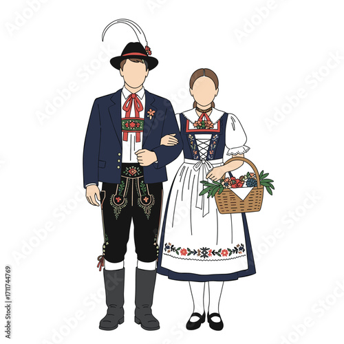 Traditional folk costumes of a couple from a European region.