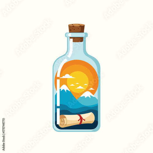 A beautiful landscape painting inside a glass bottle with a message.