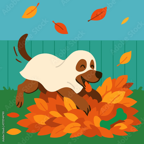A cheerful brown dog, adorned in a delightful ghost costume, enthusiastically plays amidst a colorful heap of crunchy autumn leaves, celebrating the festive spirit of Halloween.