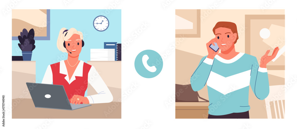 Fototapeta premium Operator of customer support service and man talk on phone, helpdesk communication. Female manager with headphone and laptop consulting client with complaint online cartoon vector illustration