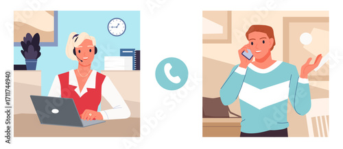 Operator of customer support service and man talk on phone, helpdesk communication. Female manager with headphone and laptop consulting client with complaint online cartoon vector illustration