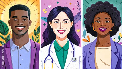 cartoon doctor set vector illustration with stethoscope, smiling nurse, hospital equipment, medical cartoon icons, playful healthcare concept for kids