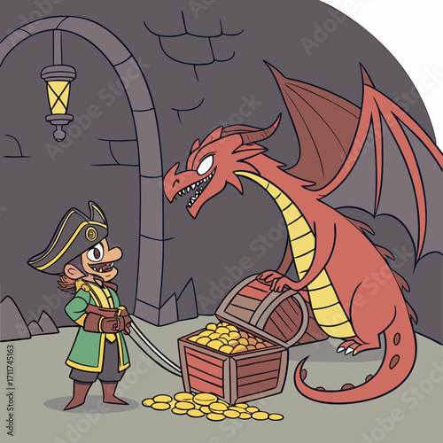 Vector art of a brave pirate confronts a formidable red dragon guarding a treasure chest overflowing with gold coins in a mysterious cave, creating a scene of adventure