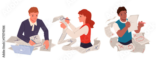 man woman sitting at table with laptop and pile of paper sheets with text, holding pen to correct mistakes cartoon. Document review and grammar error check by editor, teacher