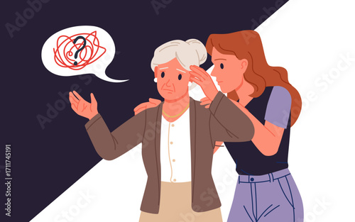 Help and support for older people with dementia. Girl volunteer or nurse hugging elderly woman with care, sad grandmother patient with memory loss and headache troubles cartoon vector illustration