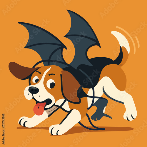 A charming cartoon beagle dog, dressed in a whimsical bat costume with dark wings, playfully runs on a vibrant orange background, ready for Halloween fun.