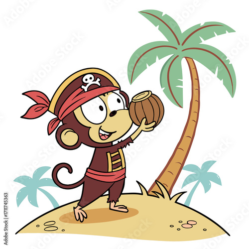 Vector art of a cartoon monkey pirate with a barrel on a tropical island he is wearing a pirate hat and holding a barrel of rum