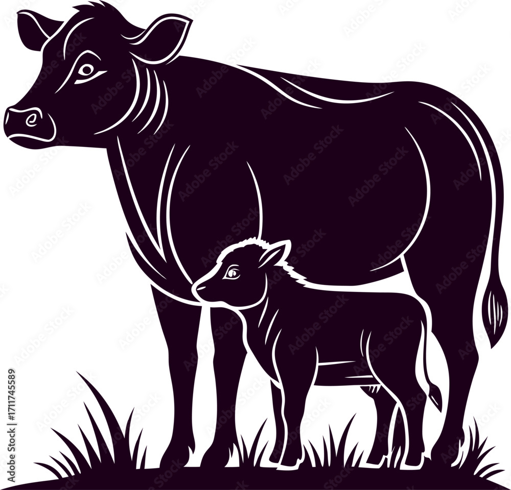 Obraz premium Elegant silhouette of a mother cow and calf in a side view minimalist design