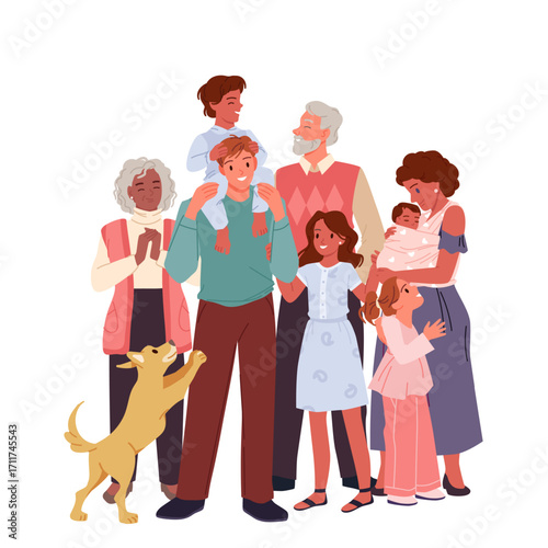 Happy big family with relatives of different nationalities standing together. Father, mother and cute children, grandmother and grandfather in international family cartoon vector illustration