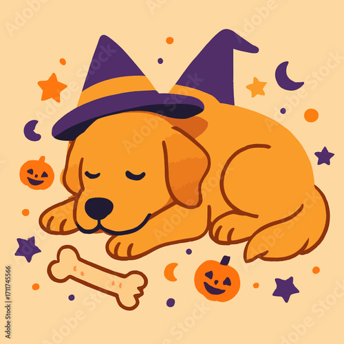 A peaceful golden retriever, adorned with a whimsical witch hat, sleeps amidst festive Halloween pumpkins and sparkling stars, creating a cozy autumn scene.