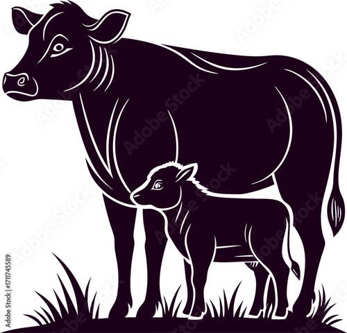 Elegant silhouette of a mother cow and calf in a side view minimalist design